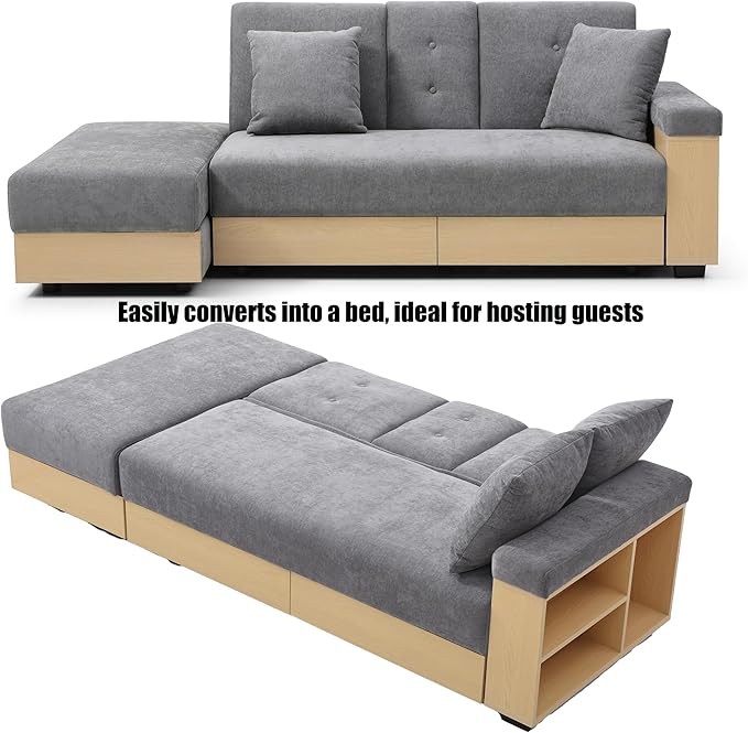 Sofa 84.65 Convertible Sofa Bed with Storage Ottoman Adjustable Armrest &amp Coffee Table - Perfect for Small Apartments 2 Drawers Soft Cotton Linen Fabric Solid Wood FrameGray