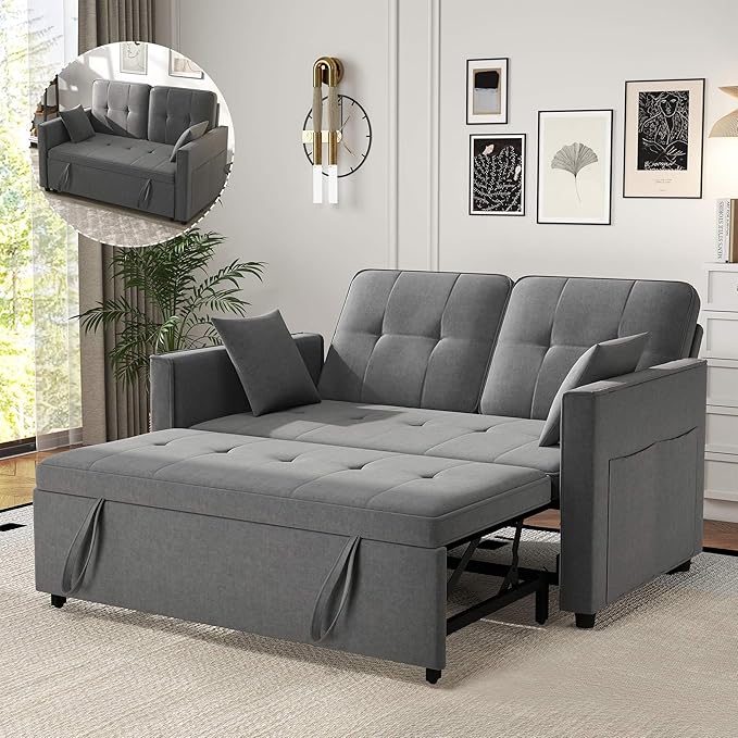 Grey Convertible Sofa Bed: 3 in 1 Sleeper Sofa Couch Bed Pull Out Couch with Adjustable Backrest Velvet Convertible Loveseat Sleeper for Living Room (Grey)