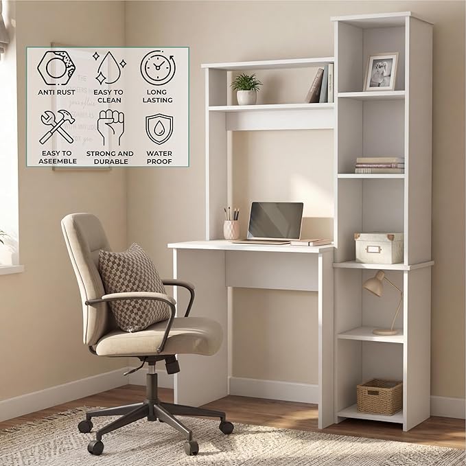 Tuhome Versalles Writing Desk with Two Superior Shelves Five Side Open Storage Compartments Space-Saving Modern Workstation Design for Studios and Offices Ideal for Organization Books
