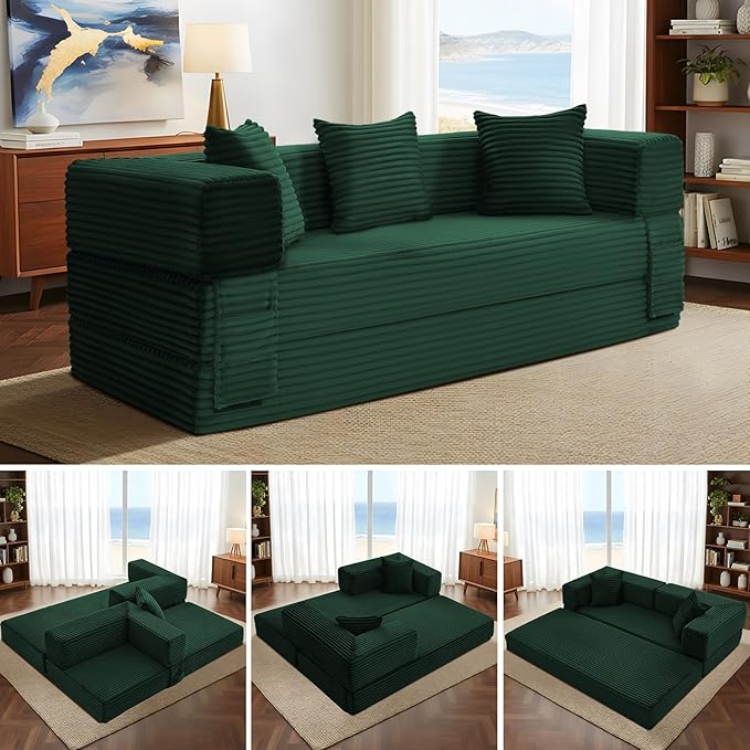 5-in-1 Folding Convertible Sofa Bed 78 Inch Corduroy Boneless Couch Loveseat Sleeper with Pull Out Bed Floor Sofa Modular Futon Couch for Living Room Small Place No Assembly Deep Green