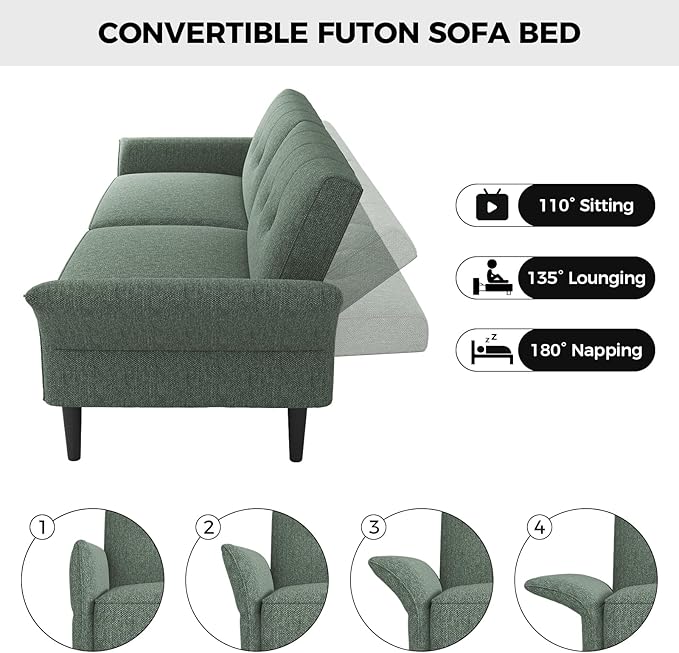 89” Futon Sofa BedComfy Futon Couch Bed with 2 Square PillowsConvertible Sleeper Sofa with Adjustable Backrest&amp Armrests Modern Loveseat Sleeper for Living Room Bedroom Linen Green