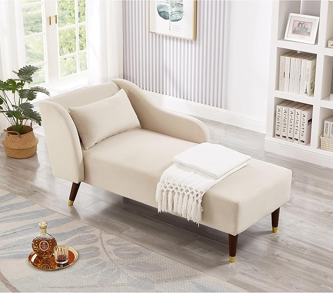 58 Modern Velvet Sofa Chaise with Tilted Backrest Comfortable Luxurious Lounge Chair with Curved Armrests Stylish Sofa Couch with Solid Wood Legs for Study Room Apartment Bedroom Living Room Beige