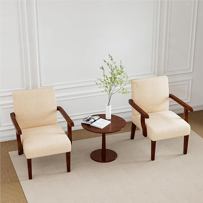 Accent Chairs Set of 2 with Side Table Modern Accent Armchair with Fabric Upholstered and Solid Wood Armrest Reading Leisure Arm Chair for Living Room Bedroom Waiting Room (Beige)