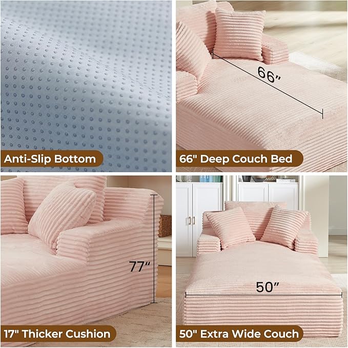 Avenix 79” Oversized Chaise Lounge Chairs Indoor Corduroy Boneless Chaise Lounges Chairs Indoor Deep Seat Big Comfy Reading Chair Cloud Sleeper Chair Sofa Couch Bed for Living Room Pink
