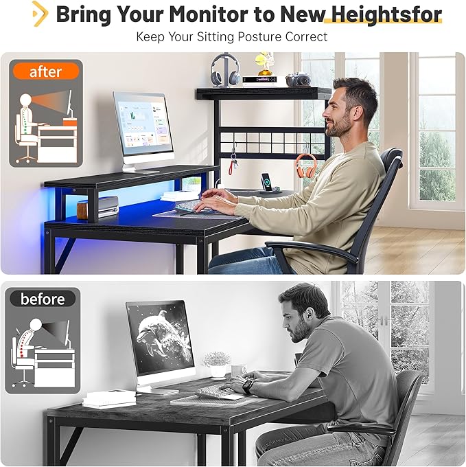 EnHomee 48 Gaming Desk with LED Lights &amp Power Outlets Home Office Desk with Monitor Stand Computer Desk with Drawer &amp Storage Shelves for Living Room Study Room Gaming Room Black