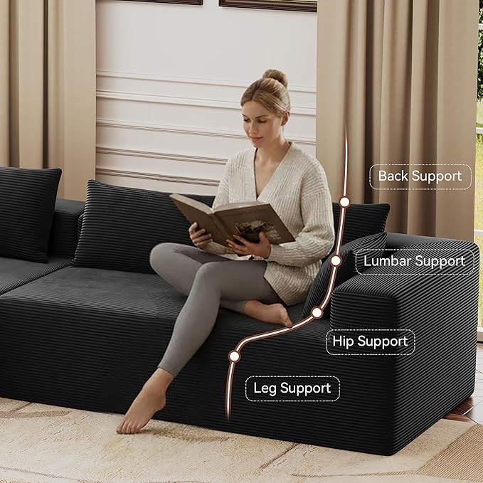 ALISH 111 Inch L-Shaped Cloud Sectional Sofa Couch Compression Couch with Chaise Modular Deep Seat Boneless Design for Easy Setup Plush Upholstered Living Room Bedroom Apartment Furniture Black