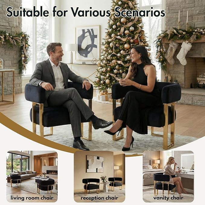 Modern Barrel Accent Chair for Living Room Comfy Velvet Upholstered Armchair with Semi-Open Back Reading Chair Single Sofa Chair with Gold Metal Legs for Bedroom Vanity Reception Black 1 PC