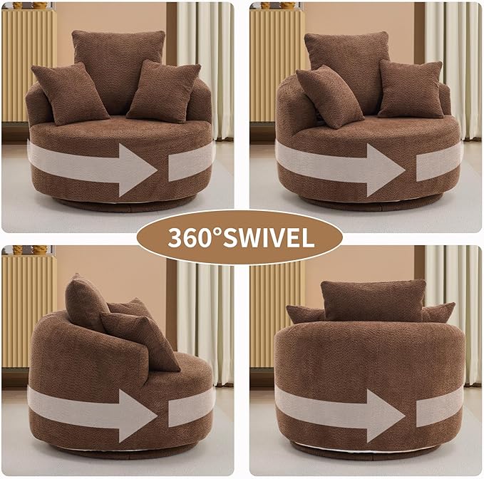40” Brown Round Swivel Chair with 3 Pillows &amp Thick Cushion Oversized 360° Swivel Accent Chair Modern Boucle Armchair for Nursery Living Room Bedroom Club