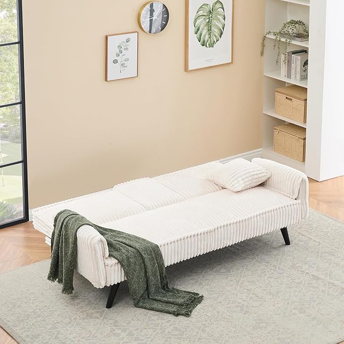 72 Modern Corduroy Sofa Bed FutonConvertible Sleeper Couch Bed with Cup Holder4 Reclining PositionsFolding Sofa Cloud Loveseat for Small Living Room Apartment Office (White)