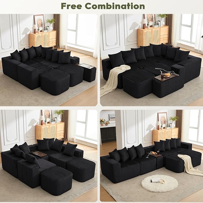 137.5 U Shaped Sofa Couch with USB Wireless Charge &amp Coffee Table Board with a Cup Holder 6 Seats Oversize Modular Corduroy Sectional SofaNo Assembly Black