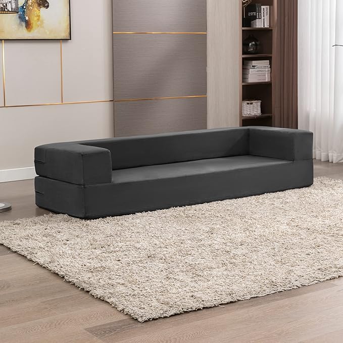 CECER 80 Convertible Floor Sofa BedFolding Sofa Bed with 3 OttomansVelvet Modular Sectional Futon SleeperFoldable Memory Foam Couch for Living Room/Guest Room/Playroom（Dark Grey）