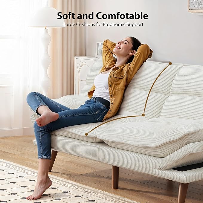Pipishell Futon Sofa Bed Convertible Futon Adjustable Backrest &amp Armrests Corduroy Sleeper Couch for Small Spaces Living Room Office Guest Room (Pearl White 66 Inch)