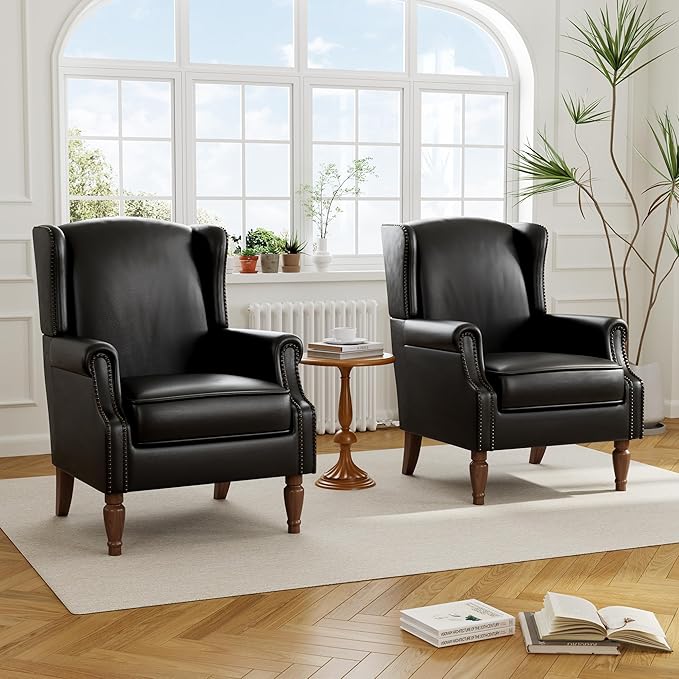 Floral High Back Accent Chair Upholstered Armchair with Solid Wood Legs Comfy Wingback Reading Single Sofa Chair for Small Spaces Living Room Bedroom(Leather Black Set of 2)