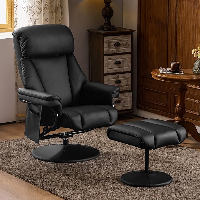 MCombo Swivel Recliner with Ottoman TV Chair with Vibration Massage Ideal for RV Small Space Living Room &amp Bedroom 4539 4828 (Faux Leather Black)
