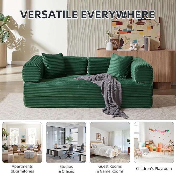 81 Inch Convertible Folding Sofa BedFold Out Floor Sofa Couch with Fixed-Shape FrameCorduroy Foldable Mattress Cloud Couch for Living Room Bedroom (Green)