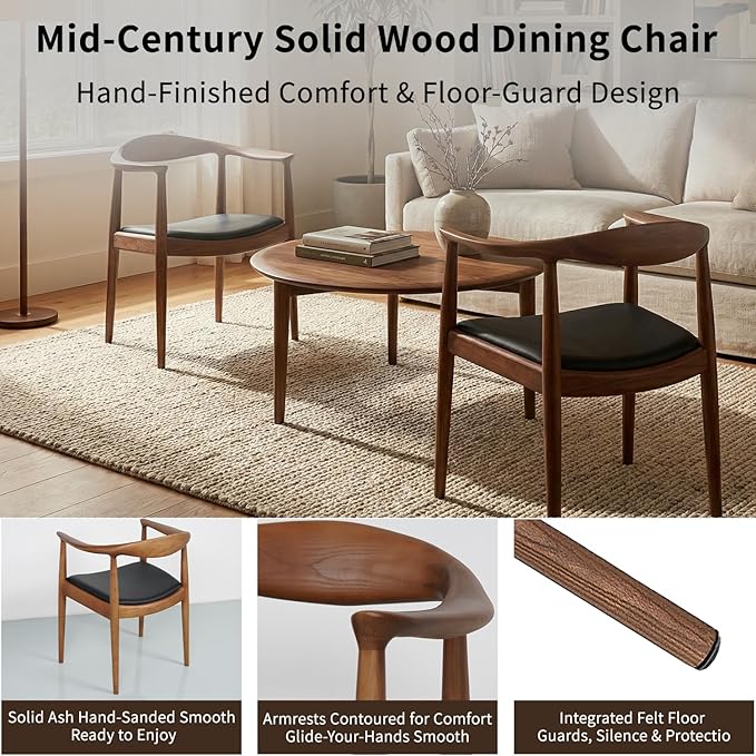 Polynices Mid Century Modern Dining Chair Pu Upholstered Kennedy Chair Solid Wood Armchair for Dining Room Kitchen Office Living Room .(Walnut)