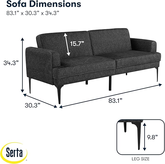 Serta® Paulsen 83.1 Split Back Convertible Futon Sofa Dreamcoil® Comfort FingerGuard® Pinch Point Protection Woven Polyester Fabric Black