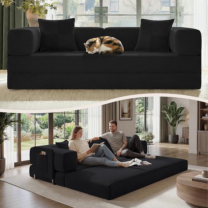 Belhome 78.8 Convertible Sofa Bed Futon Sofa Bed with Side Pocket Corduroy Pull Out Futon Sofa Boneless Couch for Living RoomsNo Assembly Required Midnight