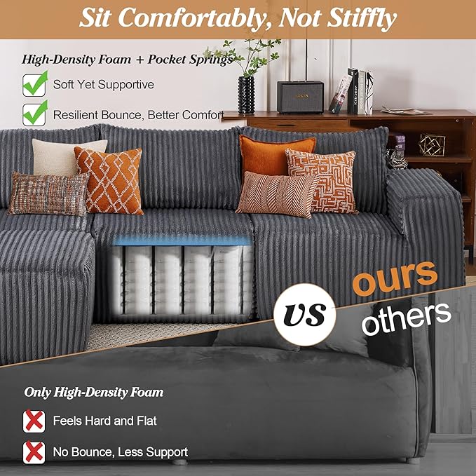 101 Cloud Sectional Couch Memory Foam Comfy Modular Sectional Sofa with Ottoman Corduroy Boneless Couches with Deep Seat L-Shaped Sofa for Living Room No Assembly Required (Dark Gray) | Deep Seat