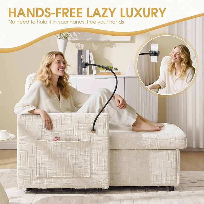 HOMEFUN Sleeper Chair Bed Lazy-Friendly Indoor Chaise Lounge with Storage Cell Phone Bracket Multifunctional Sofa for Bedroom Living Room Small Space Adults
