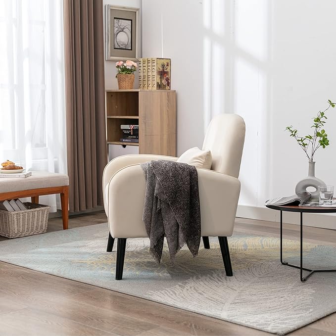 Mid Century Modern Accent ChairSingle Sofa Chair with Solid Wood Legs Comfy Fabric Upholstered Reading Armchair with A Soft Cushionfor Living Room BedroomApartmentOffice (Cream)