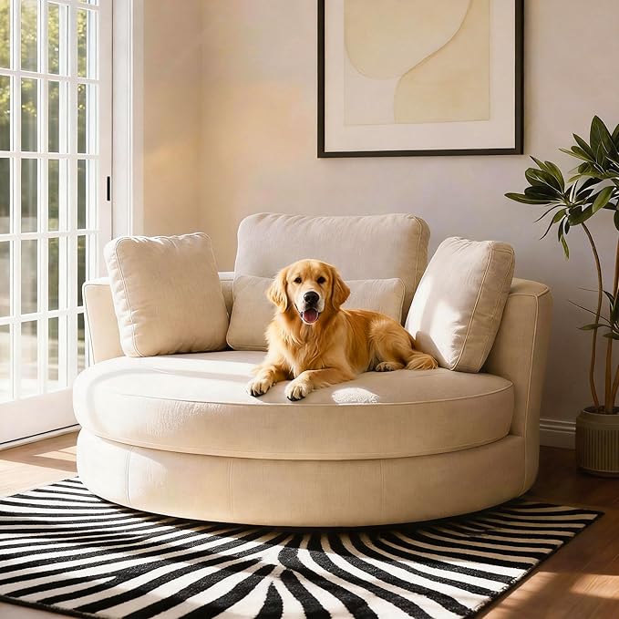 Aoiy &amp Wifon 50'' W Oversized Swivel Barrel Chair Beige Swivel Accent Chair for Living Room Round Oversized Arm Chair with 4 Pillows Deep Seat &amp Extra Wide Chenille