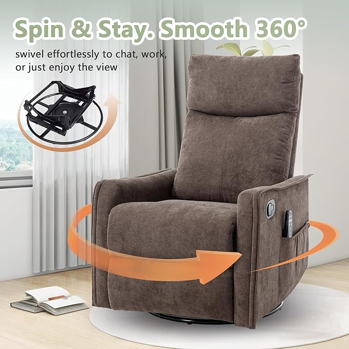 cinkehome Swivel Rocker Recliner Glider Rocker Recliner Chair for Nursery Manual Reclining Chair with Heated Massage Small Spaces Living Room Linen Brown