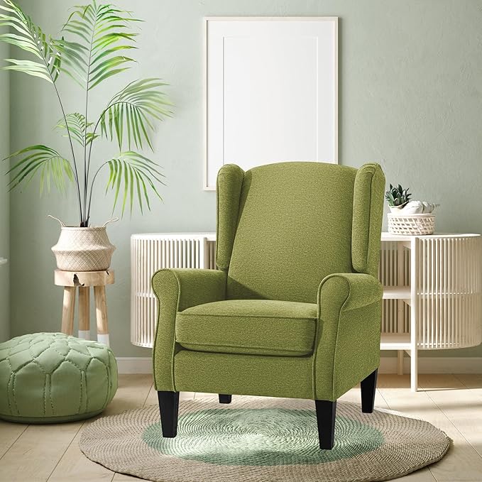 Accent Chair for Living Room High Back Reading Armchairs with Removable Seat Cushion Mid-Century Green Single Couch in Fabric Modern Ergonomic Wingback Chair for BedroomClub Balcony