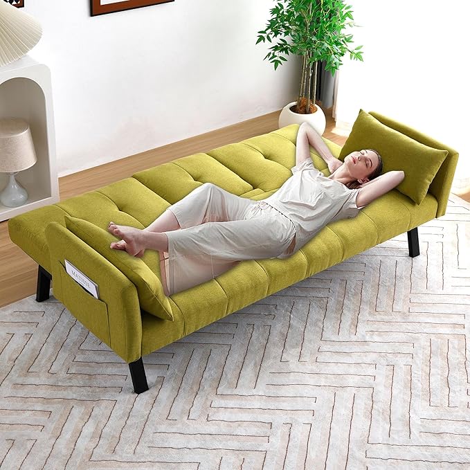 70 Convertible Sofa Bed Modern Futon CouchAdjustable Backrest Cotton Linen with Cup Holders and 2 Throw Pillows Sleeper Sofa for Living Room Apartment Small Space (Green)