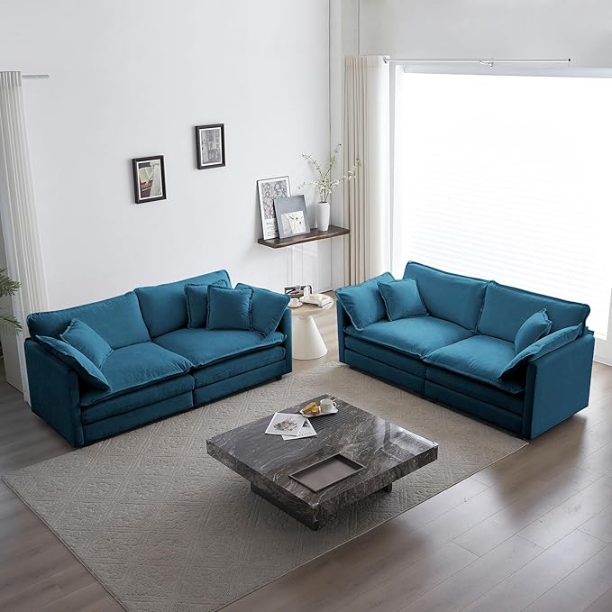 GNIXUU Upholstered Living Room Furniture Sets Inclued 2 Pieces loveseat Sofa Modern Chenille Deep Seat Couch Set for Living Room and Bedroom(2+2 seat Blue)
