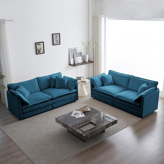 GNIXUU Upholstered Living Room Furniture Sets Inclued 2 Pieces loveseat Sofa Modern Chenille Deep Seat Couch Set for Living Room and Bedroom(2+2 seat Blue)