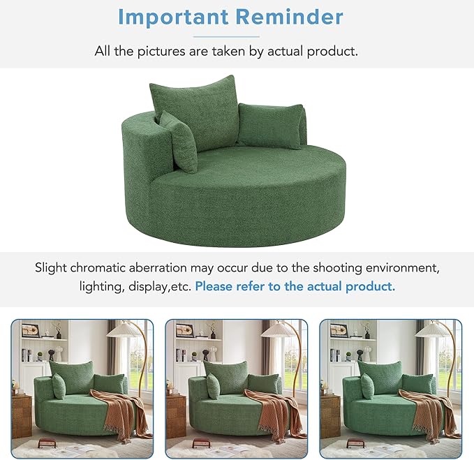 360° Swivel Chair Accent Chair with 3 Removable Pillows Modern Chenille Fabric Barrel Chair Swivel Round Sofa Chair for Living Room Bedroom Office and Hotel (Green/96)