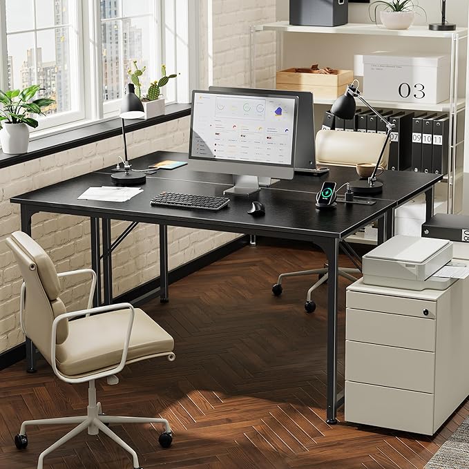 PRAISUN 55 X 20 Inch Office Computer Desk with Power Outlets and USB-C Port Larger and Longer Gaming Desk for Home Office Study Bedroom Writing Work from Home Table Metal Frame Black