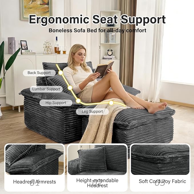 Convertible Sofa BedSleeper Sofa with Deep SeatComfy Corduroy Fluffy Boneless Couch with Movable OttomanCloud Couch for Small PlaceNo Assembly Required.（SingleDark Gray）