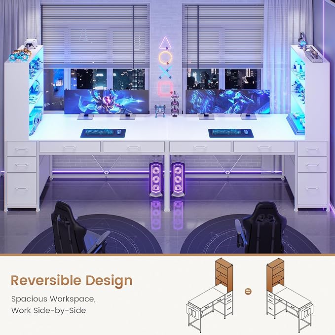 SEDETA Computer Desk with 5 Drawers and Bookshelf Reversible Home Office Desk with Storage Shelves and File Drawer Gaming Desk with LED Lights for Small Spaces White