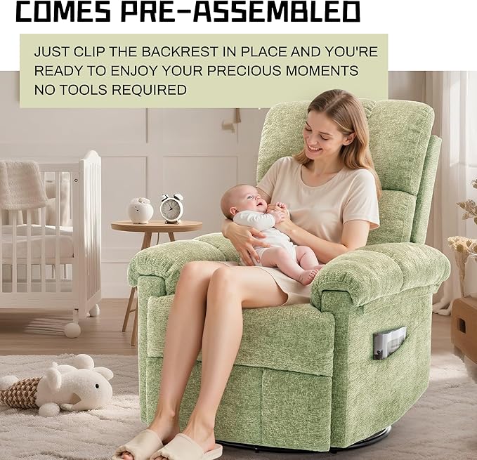 Recliner Chair Swivel Rocker Recliner Chair for Adults Small Recliners for Small Spaces Upholstered Manual Recliner with Side Pockets Nursery Rocking Chair for Living Room Chenille Green