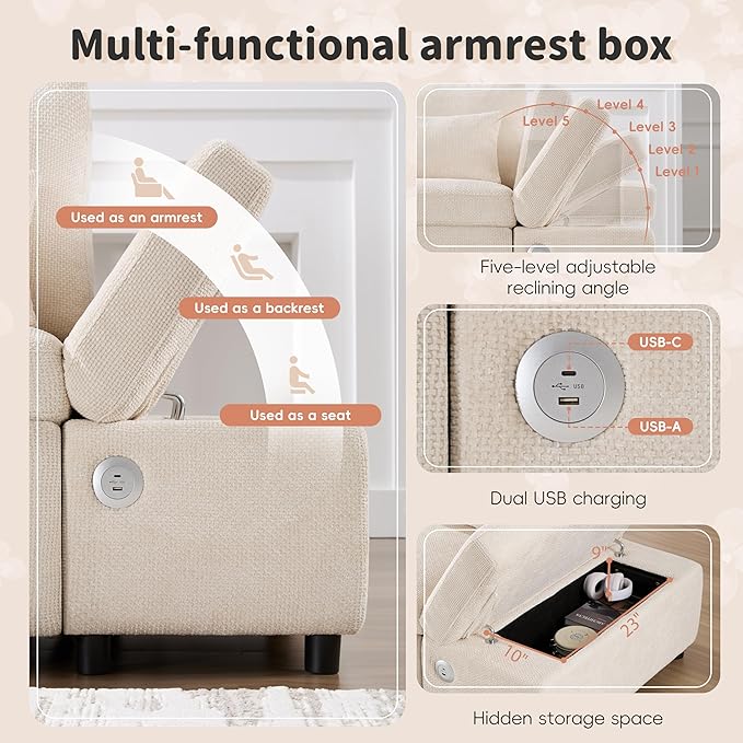 Modular Sectional Sleeper Sofa Bed 107'' Pull Out Bed Sectional Sofa with Free Movement Storage Ottoman L-Shape with Wide Seats Oversized Chenille Sofa for Living Room (Light Khaki+Beige/512)