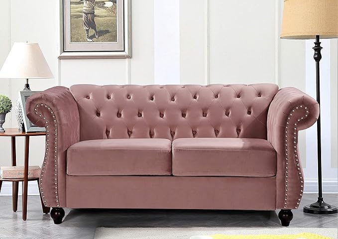 Feinstein Modern Velvet Chesterfield Couches for Living Room with Nailheads Diamond Tufting &amp Durable Metal Frame Loveseat Natural Pink