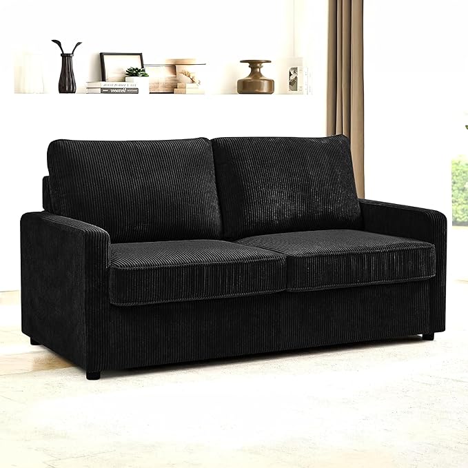 Reversible Sleeper Sofa Bed with Comfortable Memory Foam Mattress Convertible Corduroy Full Size Pull Out Couch for Living Room Space Saving Furniture 70 Wide Rectangular Arms Black