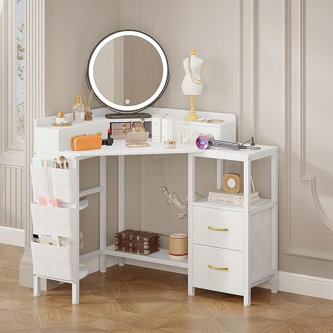 Corner Desk with 6 Drawers Shelves for Small Space Computer Desk with Power OutletsGaming Desk with Printer Monitor Stand Storage for Home Office Workstation Writing Table (White 31.5)