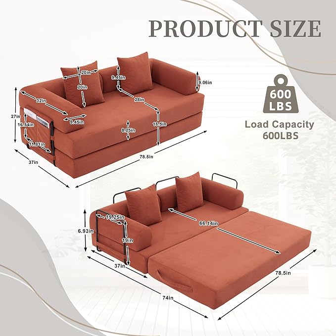 4‑in‑1 Convertible Sleeper Sofa Bed DIY Combination Floor Sofa Lounge Couch with Cylindrical Pillow Corduroy Futon Folding Mattress Couch for Apartment Bedroom Playroom Orange