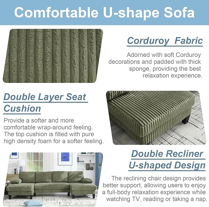 114 Cloud Couch Modular Sectional Sofa Convertible U-Shaped Couch with Double Chaise Lounge Corduroy Upholstery Sofa Double Cushions Deep Seat Sleeper Sofas Couches for Living Room Green