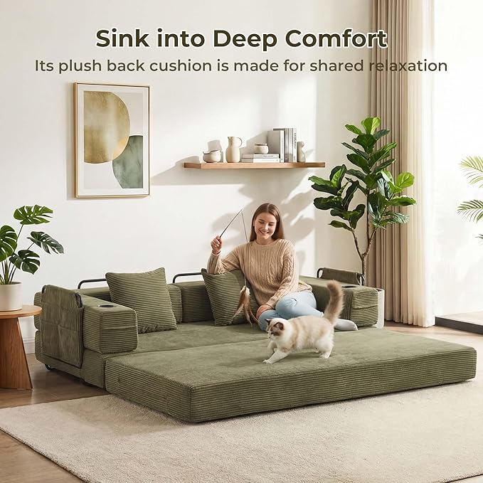 WELAX 72.8 Convertible Sleeper Sofa Bed Boneless Cloud Queen Futon Couches with Cupholders &amp Storage Pockets Corduroy Folding Floor Couch for Bedroom Apartment No Assembly Forest Green