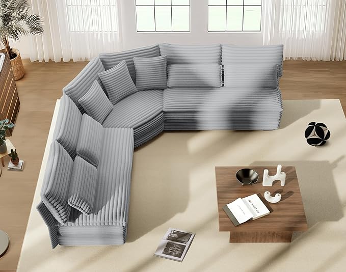 5-Seater Sectional Couch 102 L-Shaped Corner Sofa Oversized Corduroy Cloud Couch with 2-Layer Cushions V Shape Sofa for Living Room Aparment (LightGrey)