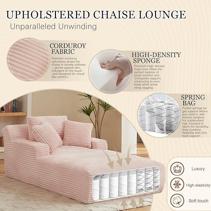 Chaise Lounge Chair Indoor 50 Inch Oversized Corduroy Upholstered Boneless Sofa Bed Deep Seat Sleeper Couch Reading Chairs Cloud Sofas Couches for Living Room (Pink 50 W x 80 D)