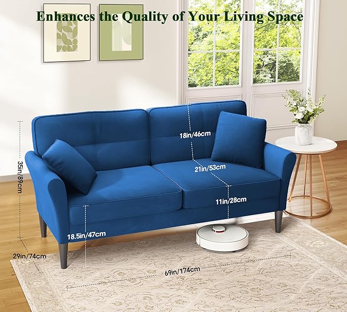 Loveseat Sofa 69 Love Seat Couches Comfy Velvet Small Sofa Couch for Bedroom with 2 Pillows Tool-Free Setup Sofas &amp Couches 700lb Load Sofas for Living Room Mini Couch for Bedroom Blue Couc