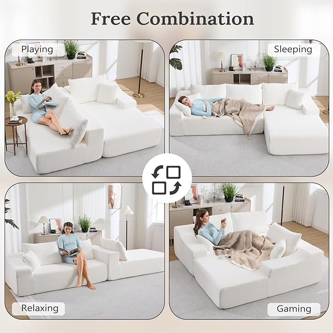 108 L Shaped Boneless Couch with Right Chaise Cloud Sectional Couches with Deep Seat 3 seat modular Sofa Memory Foam Couch with Throw Pillows for Living Room No Assembly Required White