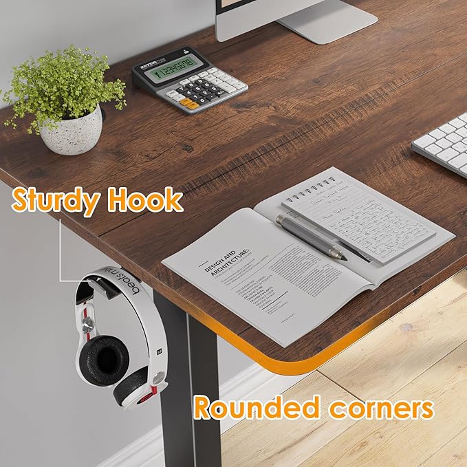 48x24 Inches Electric Standing Desk Adjustable Height Wooden Sit Stand Desk Electric Capacity 300lbs Sit to Stand up Standing Computer Desk with Hooks for Home Office (Reddish Brown 48x24 Inches)