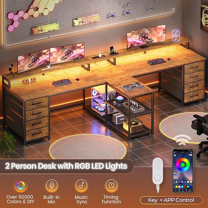 SEDETA 94.5 2 Person Gaming Desk Long Office Computer Desk with 8 Drawers &amp LED Lights Two Person Desk with Storage Power Strip &amp Monitor Stand for Home Office Rustic Brown