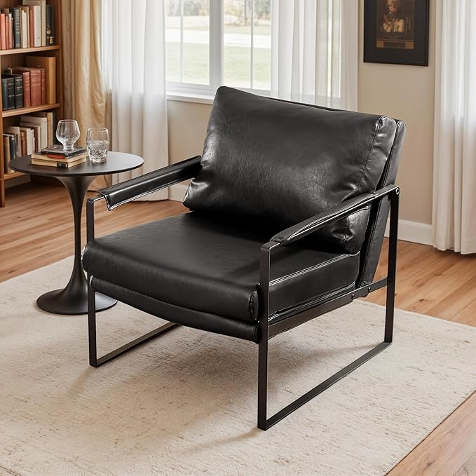Art Leon Mid Century Modern Accent Chair Faux Leather Armchair with Black Metal Legs Single Lounge Side Chair for Living Room Bedroom Small Spaces Black